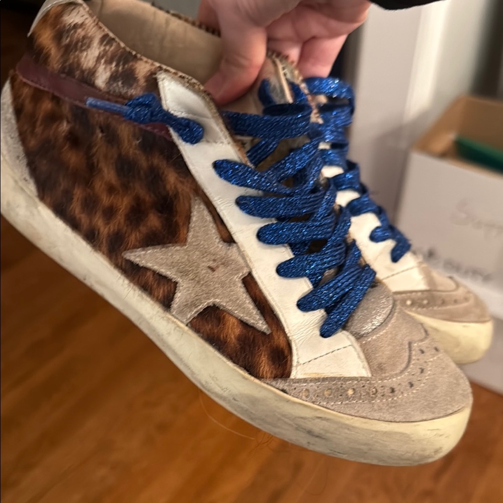 Golden Goose Leopard Print Sneakers with Blue Laces